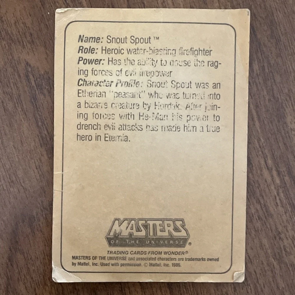 1986 MOTU - SNOUT SPOUT WONDER BREAD He-Man Card Masters‎ of the Universe RARE